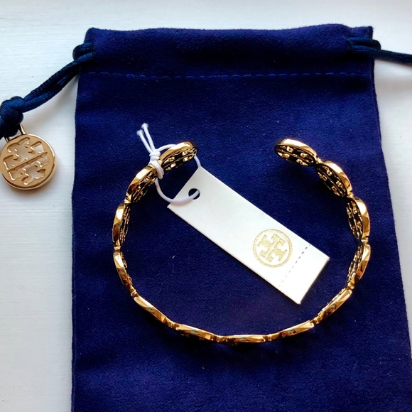 NWT Tory Burch Gold Logo Cuff Shiny Brass Bracelet - Picture 3 of 7